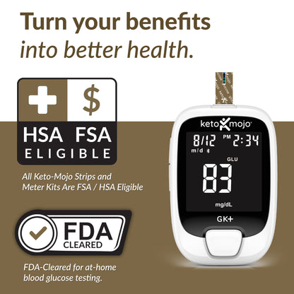 Keto-Mojo blood glucose testing kit with FDA-cleared meter and HSA FSA eligibility information